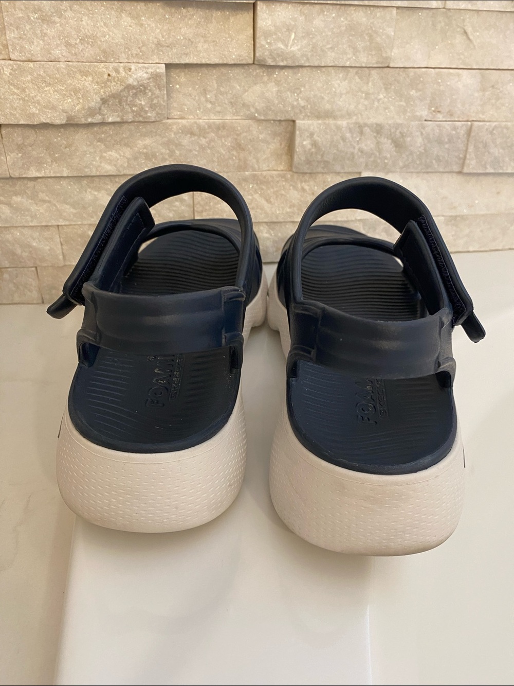 Skechers Women’s Navy and Cream Foam Platform Sandals - Picture 3 of 6